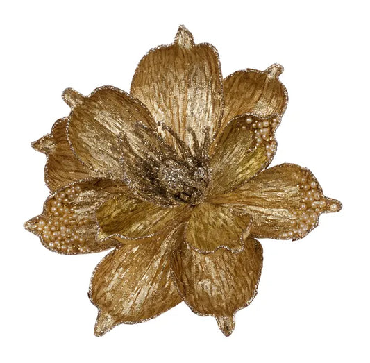 XS765008  7"Dia Metallic/Glitter Magnolia W/Clip Gold