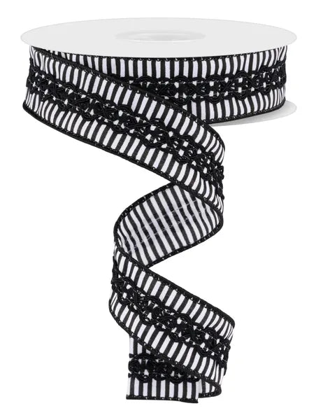 RGC809827    1.5" x 10yd 2-In-1 Thin Stripe/Lace  White/Black
