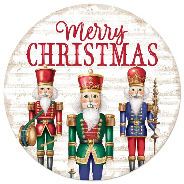 MD1667A5   12"Dia Merry Christmas/Nutcracker Sign   Red/Emerald/Blue/Gold