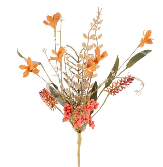 FH812540   12"L Fabric Flower/Eva Leaf/Beads Bush   Persimmon