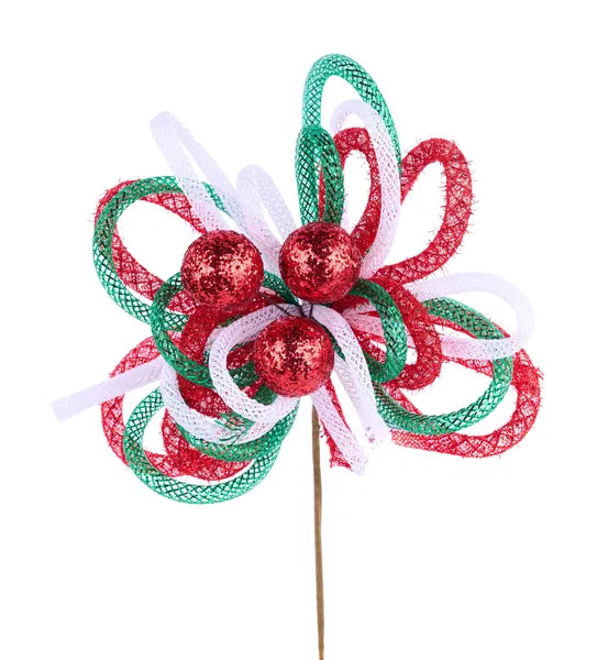 XP3820EX    12"L Tinsel Glitter Ball Pick   Emerald/White/Red