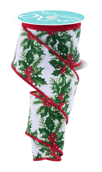 RGF193127   2.5" x 10yd Holly Leaves Garland   White/Red/Green