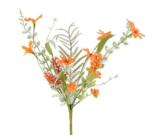 FH812520   12"L Fabric Flower/Eva Leaf/Beads Bush   Orange