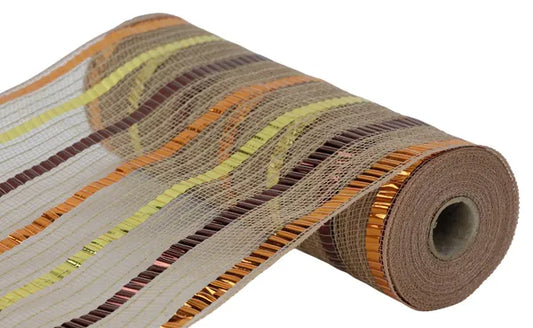 RY8036EY  10.5" x 10yd x L Wide Foil/Faux Jute Mesh Natural/Orange/Gold/Brown