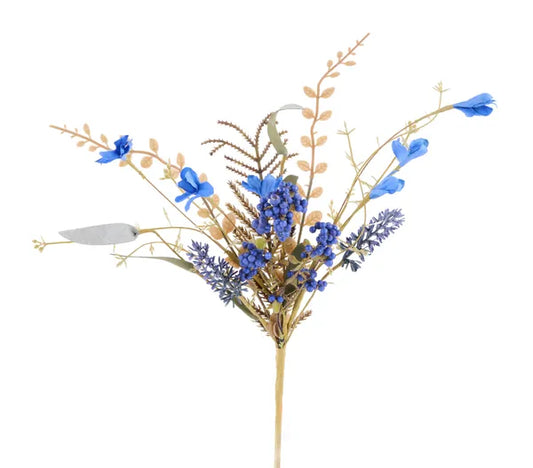 FH812525   12"L Fabric Flower/Eva Leaf/Beads Bush   Royal Blue