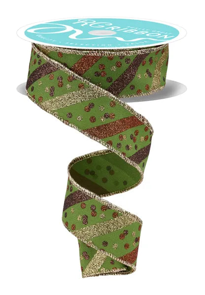 RGF1992AA   1.5" x 10yd Glitter Stripe W/Confetti Dots   Moss Grn/Gld/Brwn/Copper