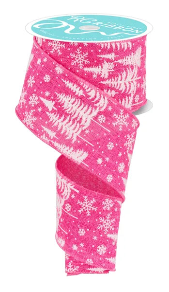 RGF126011   2.5" x 10yd Pine Trees/Snowflakes   Hot Pink/White