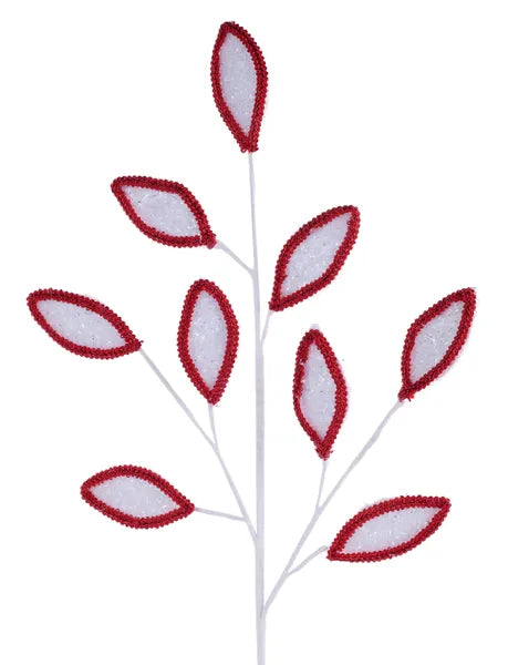 XS249762    28"L Vglitter/Lace Leaf Spray    White/Red