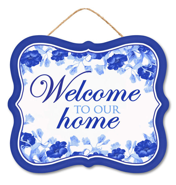 AP736725   10.5"Lx9"H Mdf Welcome To Our Home Sign   Royal Blue/Lt Blue/Wht