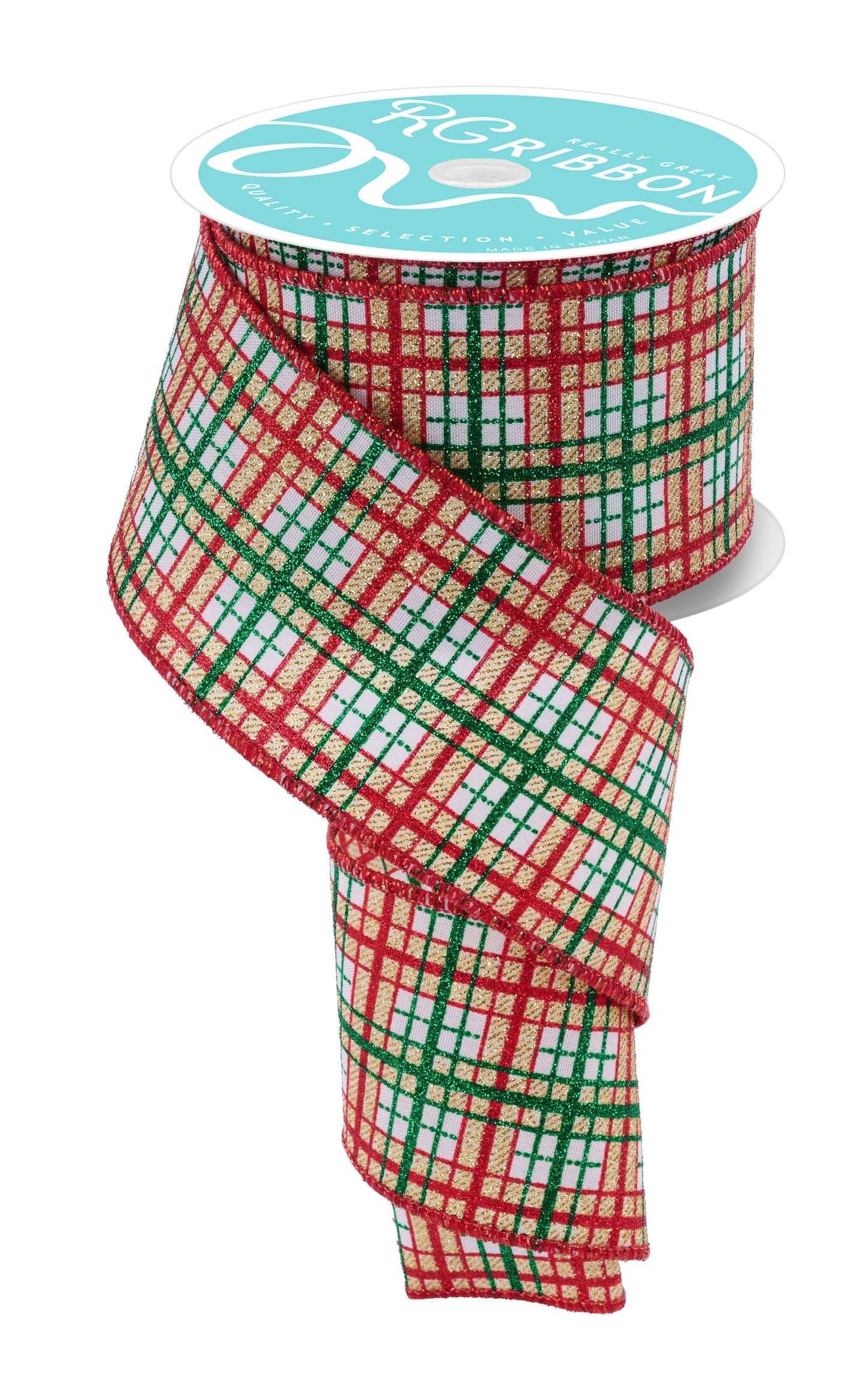RGF1957C2    2.5" x 10yd Glitter Print Plaid   Crm/Emerald/Red/Gold