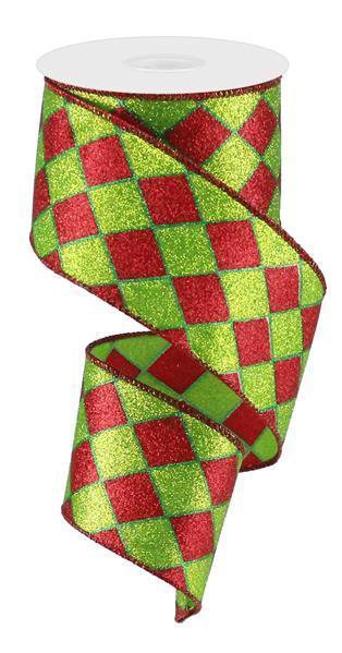 RG016192W    2.5" x 10yd Glitter Harlequin     Red/Lime/Emerald