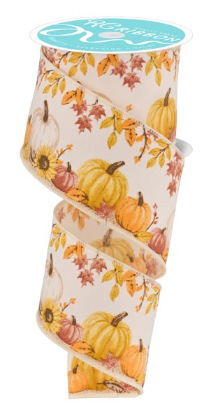 RGF129937   2.5" x 10yd Pumpkins/Foliage Diagonal    Ivory/Fall Multi