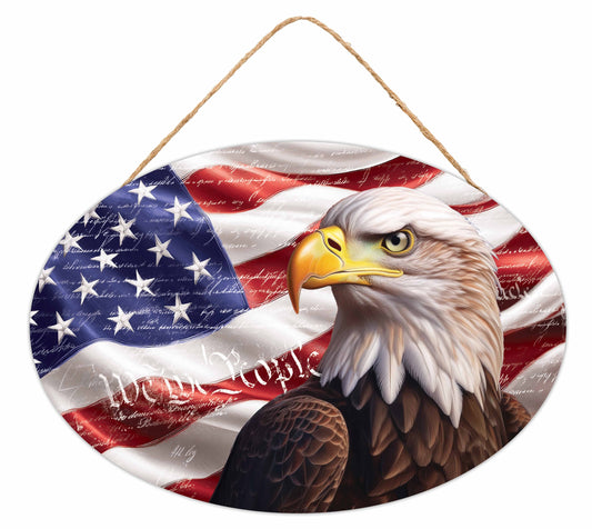 AP7433   15"L x 10.35"H Eagle W/Flag Oval Sign    Red/White/Blue/Brown
