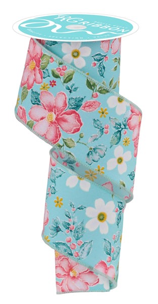 RGF115714  2.5" x 10yd Watercolor Flowers Lt Blu/Dk Rose/Coral/Grn