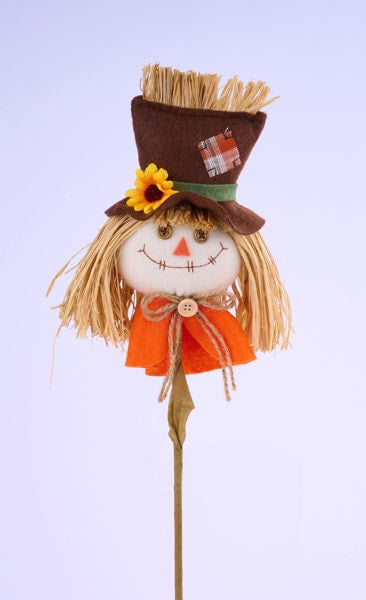 HA9051   15"L Scarecrow Pick W/Bow   Moss/Orange/Tan