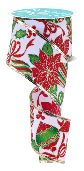 RGC823027  2.5" x 10yd Poinsettia/Ornaments White/Multi