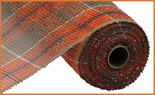 RP8142  10" x 10yd Plaid Poly Burlap Mesh Brown/Orng/Brick/Choc/Crm