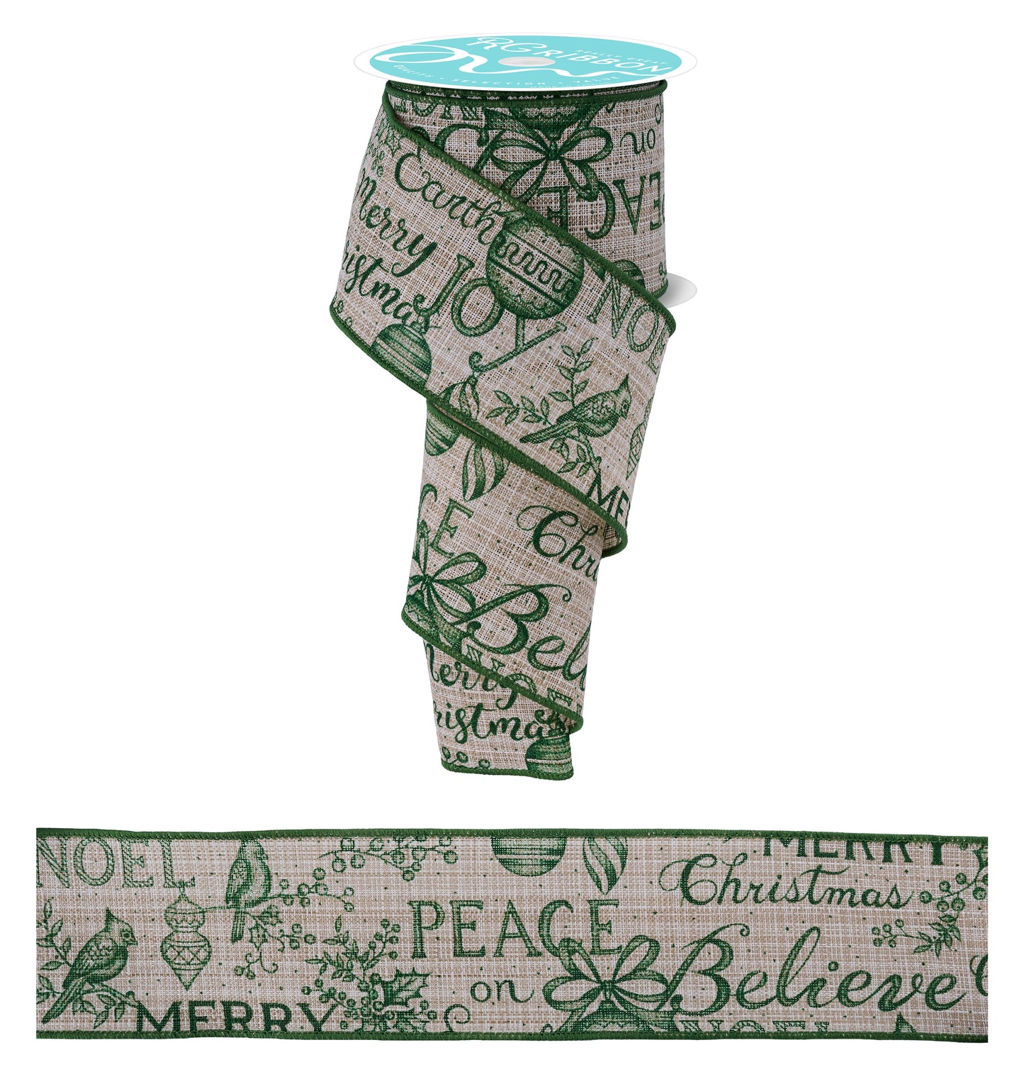 RGF145406  2.5" x 10yd Merry Christmas Words Ribbon – Beige/Emerald – Wired Holiday Ribbon