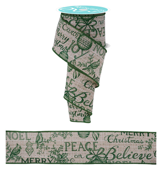 RGF145406  2.5" x 10yd Merry Christmas Words Ribbon – Beige/Emerald – Wired Holiday Ribbon