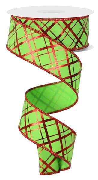 RGE167633     1.5" x 10yd Metallic Thick/Thin Diagonal    Lime Green/Red