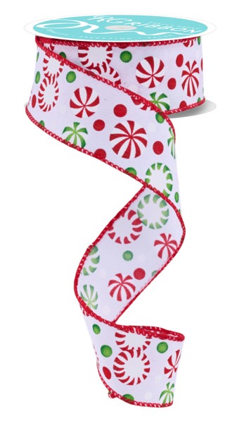 RGF14268R  1.5" x 10yd Christmas Candy Ribbon – White/Red/Green – Wired Ribbon