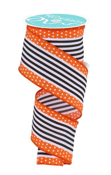 RGF1301GG  2.5" x 10yd Vertical Strpe/Polka Dot Edge White/Black/Orange