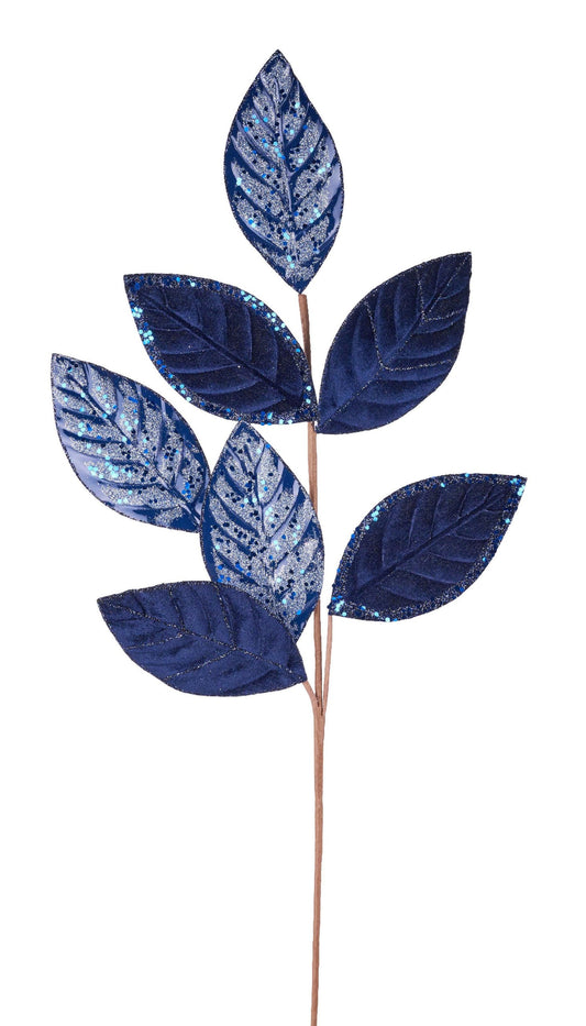 XS230219  27"L Velvet/Glitter Magnolia Leaf Spray  Navy Blue