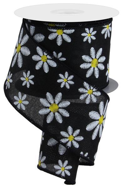 RGE119202     2.5" X 10Yd Faux Embroidery Mixed Daisy     Black/White/Yellow