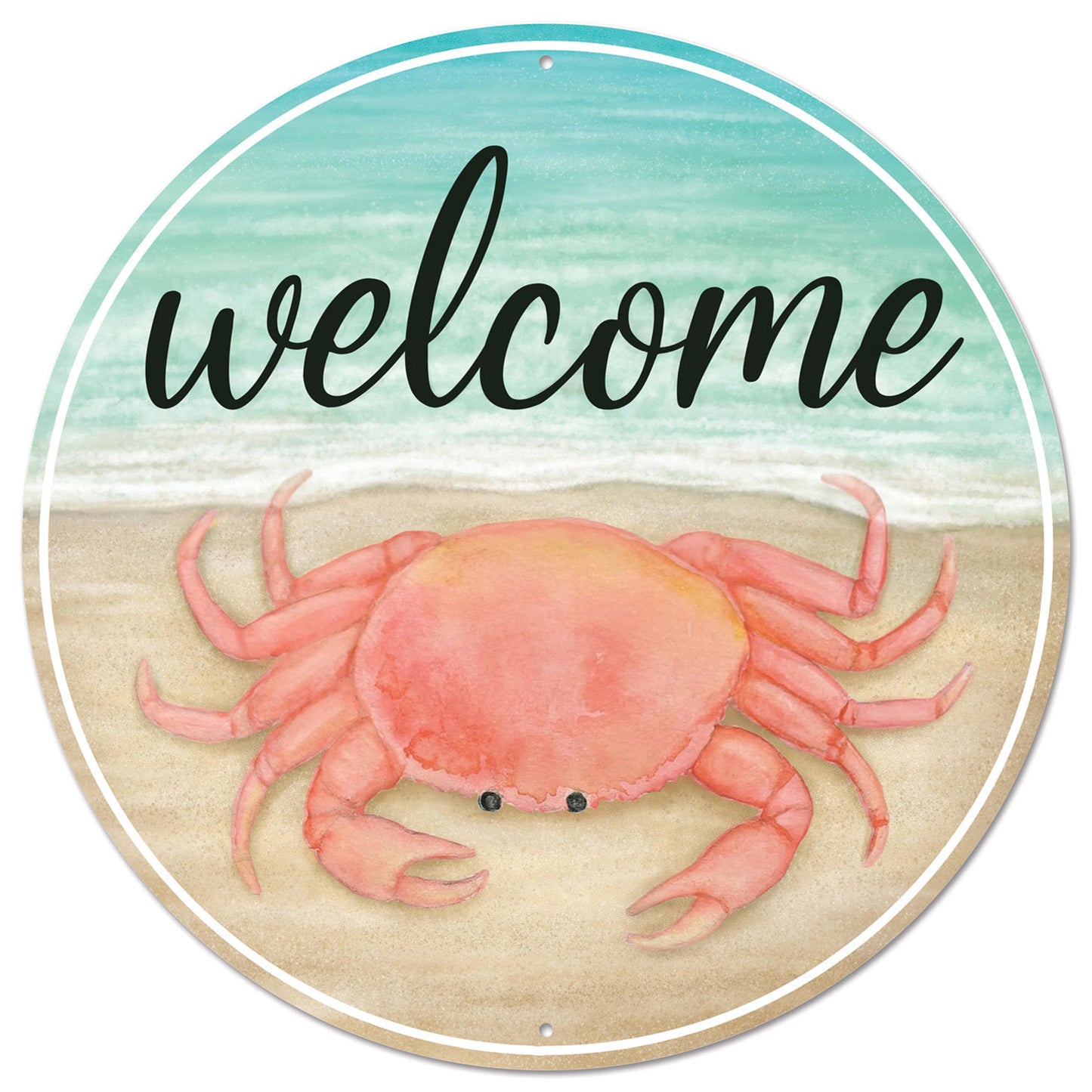 MD1389  12"Dia Metal Welcome W/Crab Sign Coral/Blue/Beige