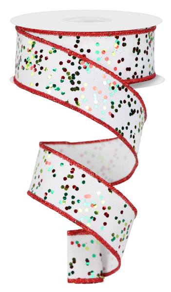 RGE12534N  1.5" x 10yd Sprinkled Hex Glitter Finish White/Red/Emerald/Lime