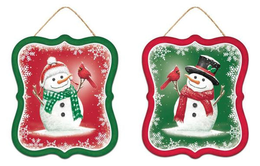 MD1169      7"H x 6"L Cardinal/Snowman Sign      Red/Green/White