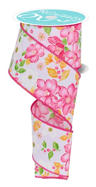 RGF1154WT  2.5" x 10yd Watercolor Flowers Pink/Green/Orange