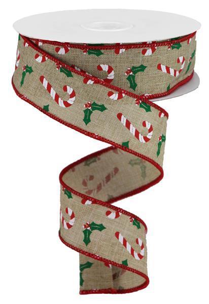RGB114301     1.5" x 10yd Candy Canes/Holly On Royal    Lt Beige/Wht/Red/Emerald