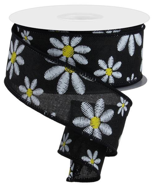 RGE119102      1.5" X 10Yd Faux Embroidery Mixed Daisy  Black/White/Yellow