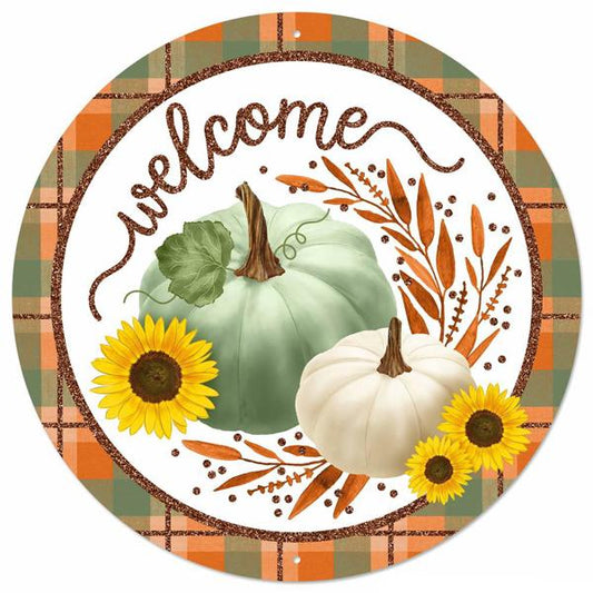 MD096743  12"Dia Metal/Glitter Welcome W/Pumpkins Sage/Orange/Yellow/Brown