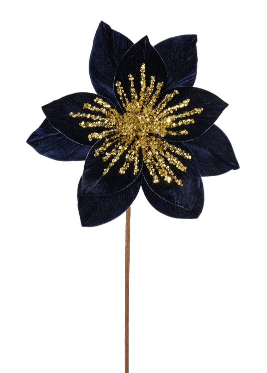 XS401573   22"L x 11"Dia Velvet/Glitter Poinsettia   Navy Blue/Gold