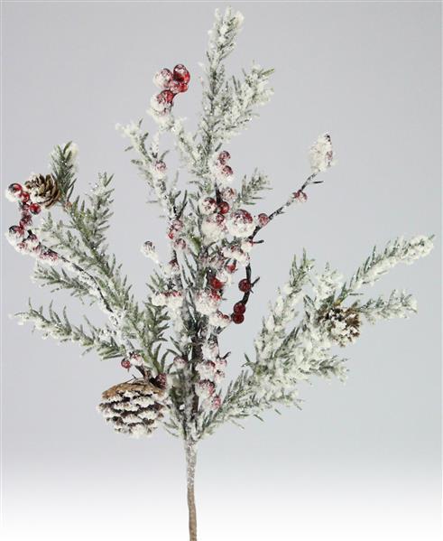 XX0983   16"L Snow/Berry/Pinecone Pick   Snowed Red/Green/Natural