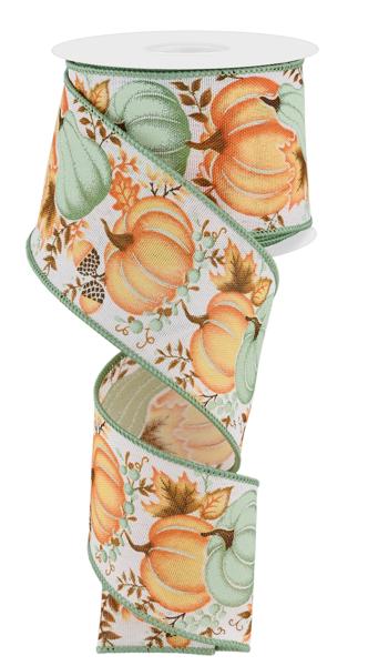 RGE1987J3  2.5" x 10yd Pumpkin/Gourd/Leaves Wht/Lt Orng/Lt Sage