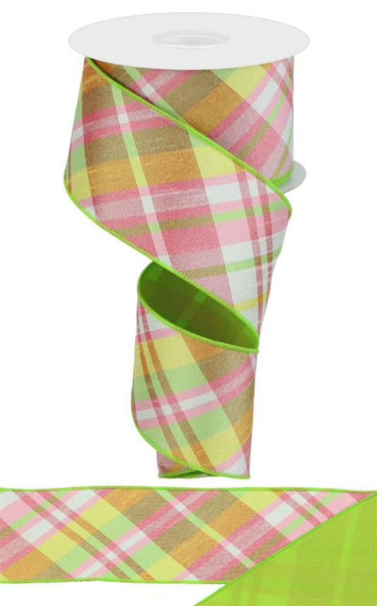 RGX0051RY   2.5" x 10yd Diagonal Plaid/Pg Fused Back   Sprng Grn/Lt Pnk/Yllw