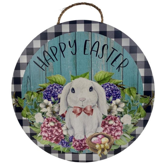 CUS0897  18" Round MDF: Bunny with flowers Sign - "HAPPY EASTER" - White/Green/Purple/Pink