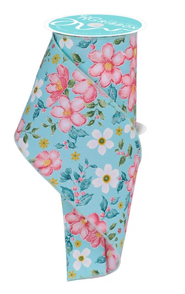 RGF115814  4" x 10yd Watercolor Flowers Lt Blu/Dk Rose/Coral/Grn