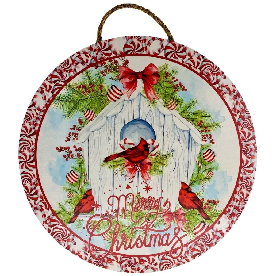 CUS2073    18" Round MDF Merry Christmas Cardinal Sign W/Rope    Red/White
