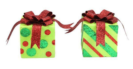 XC829377   4.75"H Dot/Stripe Square Package   Red/Emerald/Lime