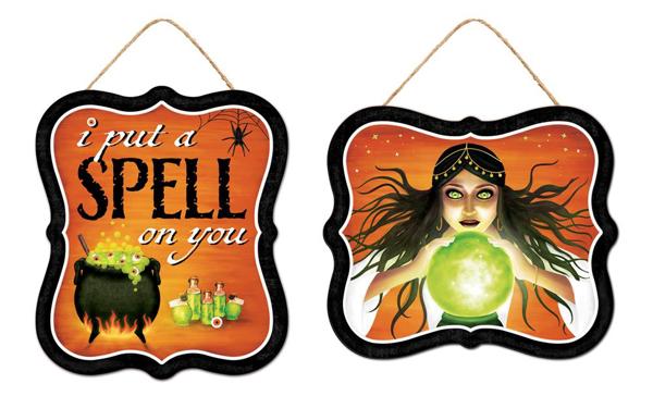 MD1166   7"H x 6"L Halloween Spells Sign   Org/Blk/Grn