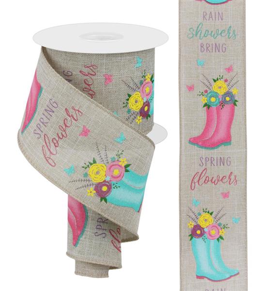 RGC143718 2.5"X10yd Rainboots W/Floral on Royal Nat/Ylw/Pnk/Blu/Lav/Grn