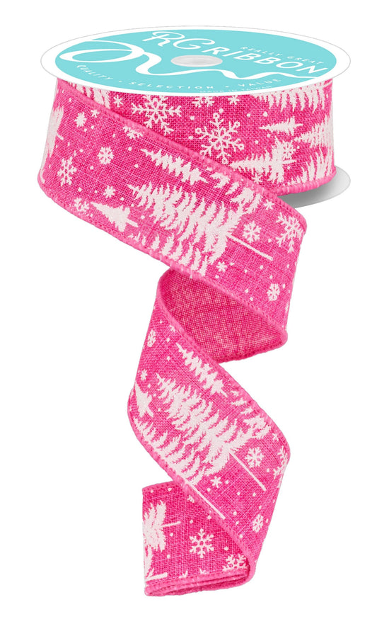 RGF125911   1.5" x 10yd Pine Trees/Snowflakes   Hot Pink/White
