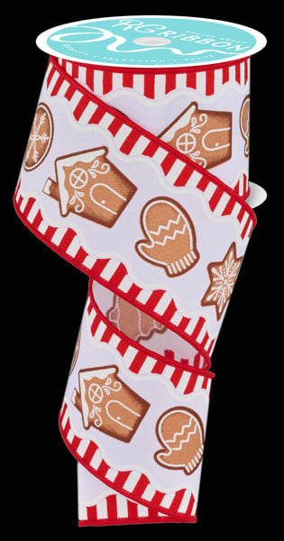 RGF119327  2.5" x 10yd Gingerbread Cookies Ribbon – White/Multi – Wired Ribbon