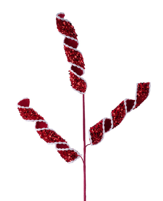 XS143739  31"L Sequin Velvet Curled Ribbon Spray   Red/White
