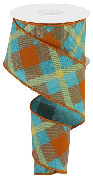 RG01683F3 2.5"X10yd Printed Plaid on Royal Lt Teal/Orange/Mustard
