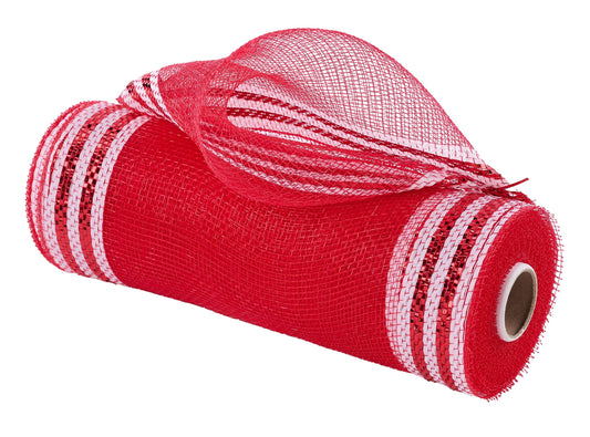 RE850349  10" x 10yd Border Stripe Metallic Mesh  Red/White